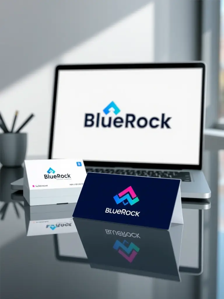 A sleek, modern logo design displayed on various mockups, such as business cards and website interfaces, representing BlueRock's brand identity and design services.