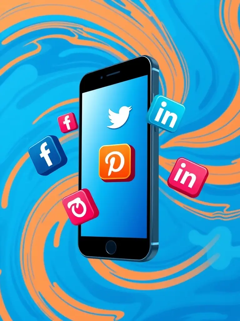 An image of various social media icons arranged creatively, with a smartphone displaying engaging content, set against an electric pink background with 3D floating tech orbs.