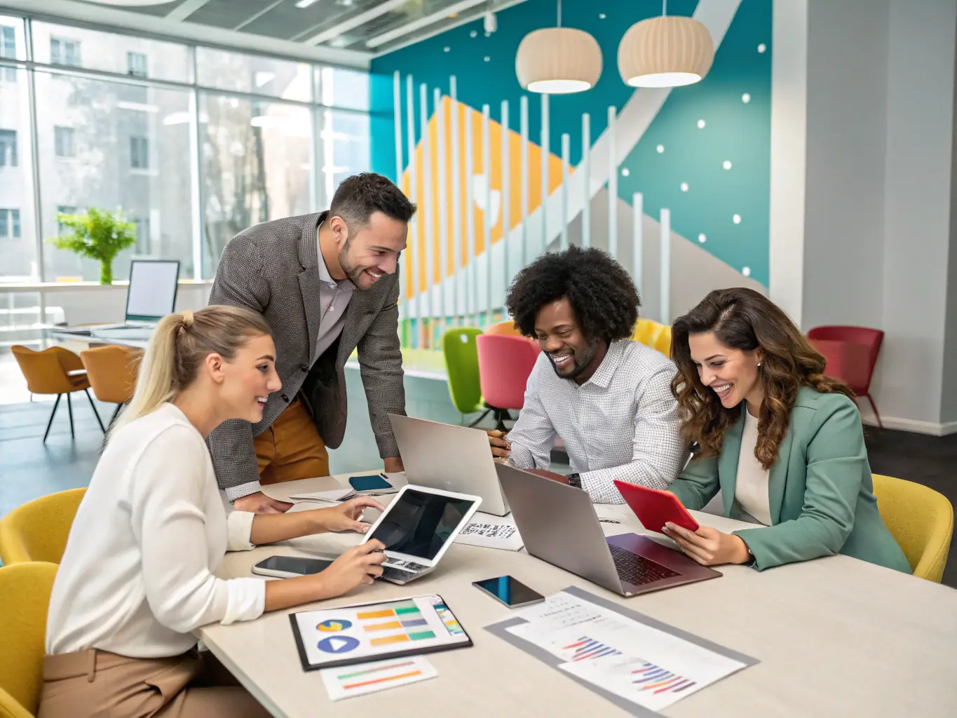 A vibrant image showcasing a digital marketing strategy session, with team members collaborating around a screen displaying data analytics and marketing funnels.