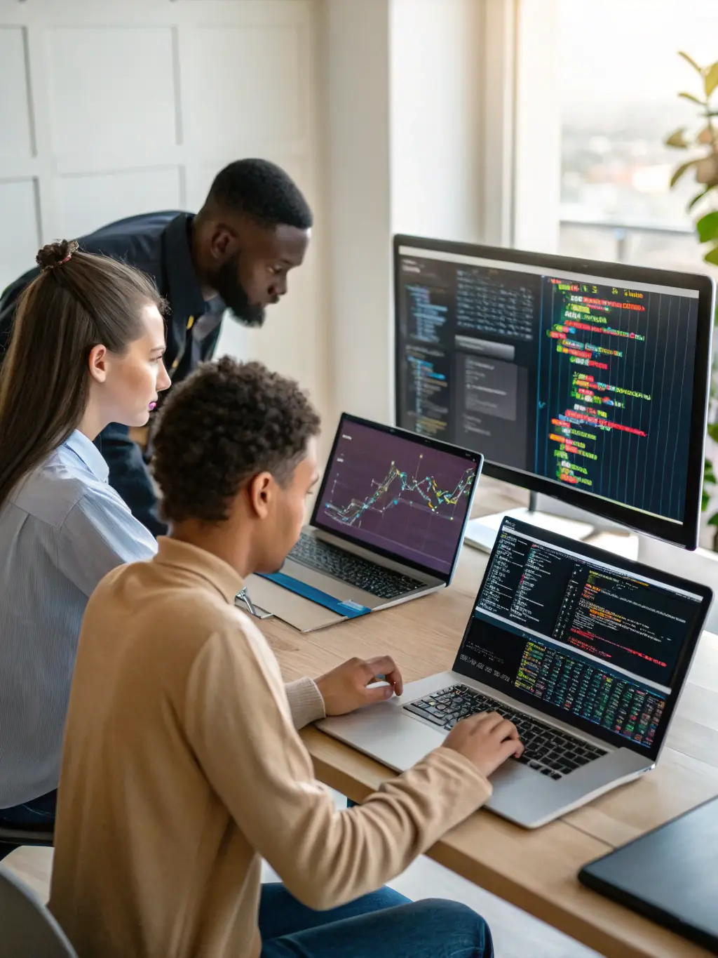 An image of a diverse team collaborating on a digital marketing strategy, using laptops and tablets to analyze data and plan campaigns in a modern office setting.