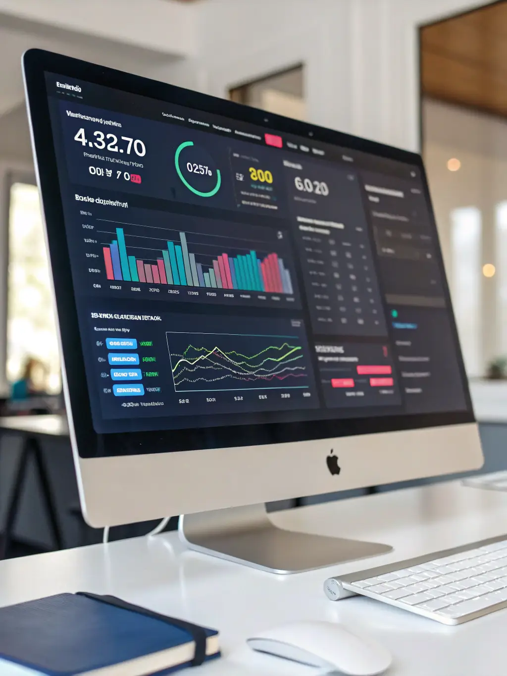 A futuristic image of a marketing dashboard with real-time analytics, showing key performance indicators and automated reports, highlighting the benefits of continuous monitoring and optimization.