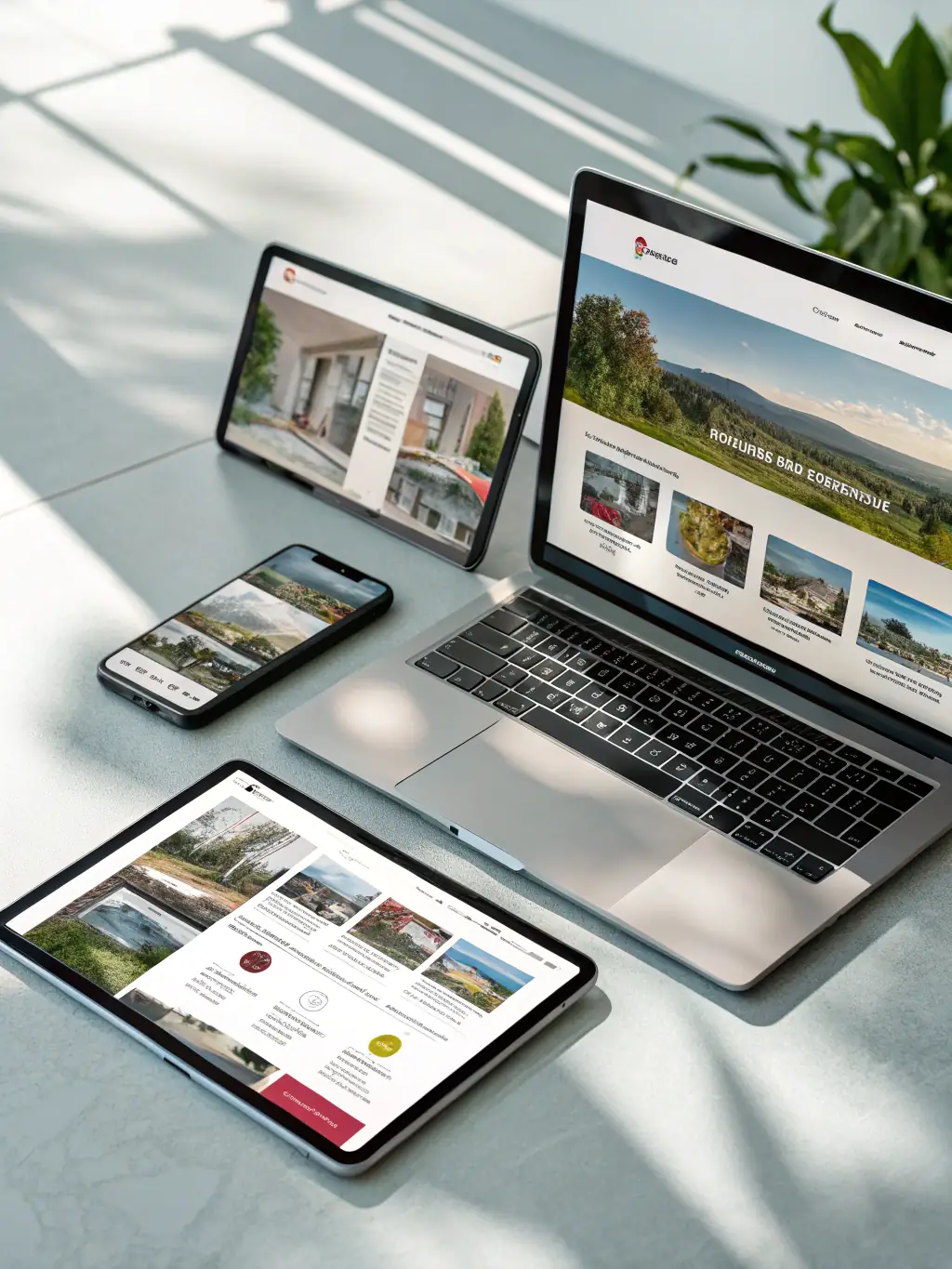 An image of a modern website design interface with responsive layouts on different devices, surrounded by 3D-style floating icons representing AI brains and tech orbs, set against a deep blue background.