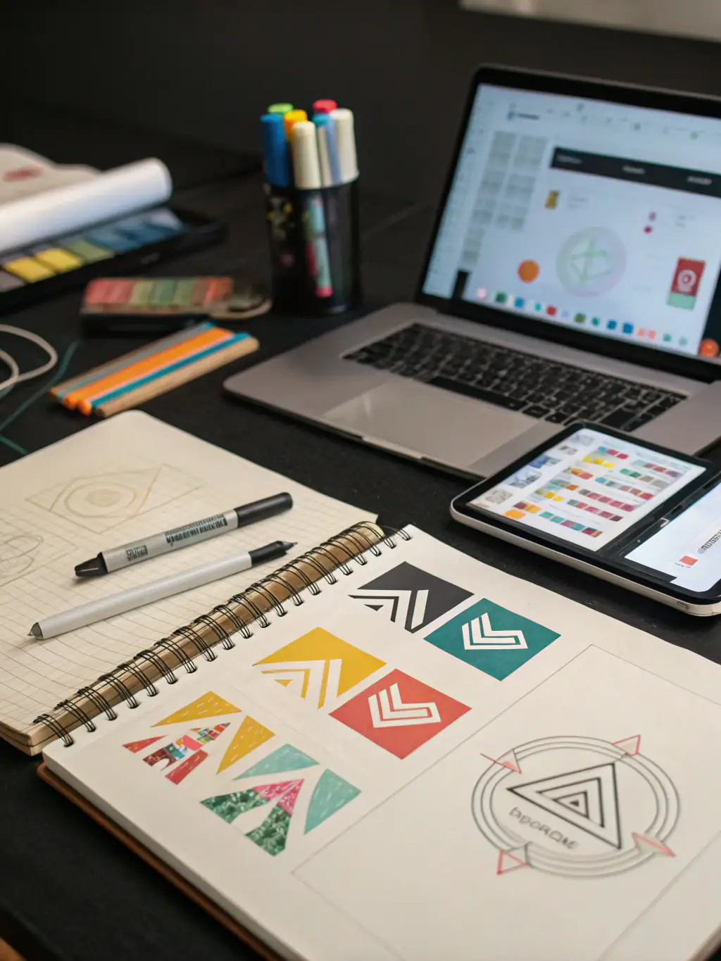 A visually appealing logo design process illustration, showing sketches, digital mockups, and the final logo, set against a teal background with vibrant gradients.
