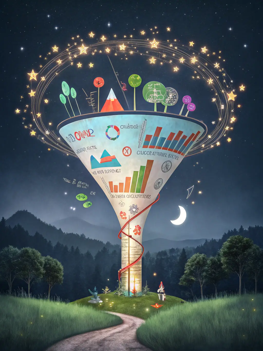 A dynamic visual of a growth funnel with arrows pointing upwards, symbolizing increased conversion rates and business expansion, set against a backdrop of digital charts and graphs.