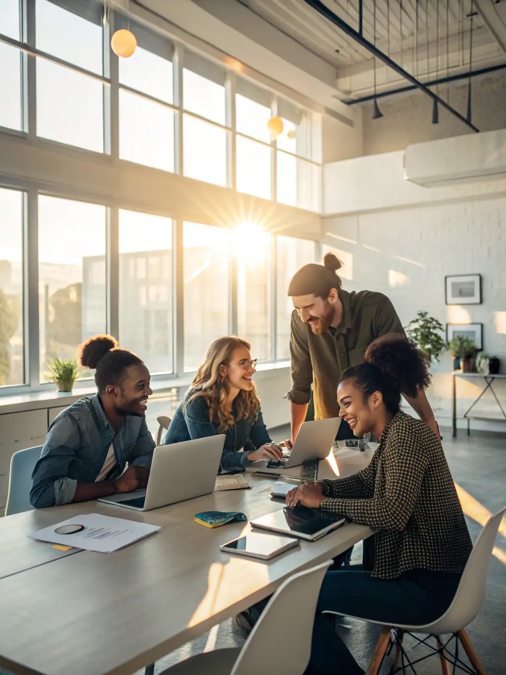 A vibrant image showcasing a diverse team brainstorming marketing strategies around a table filled with laptops and charts, reflecting BlueRock's collaborative approach.